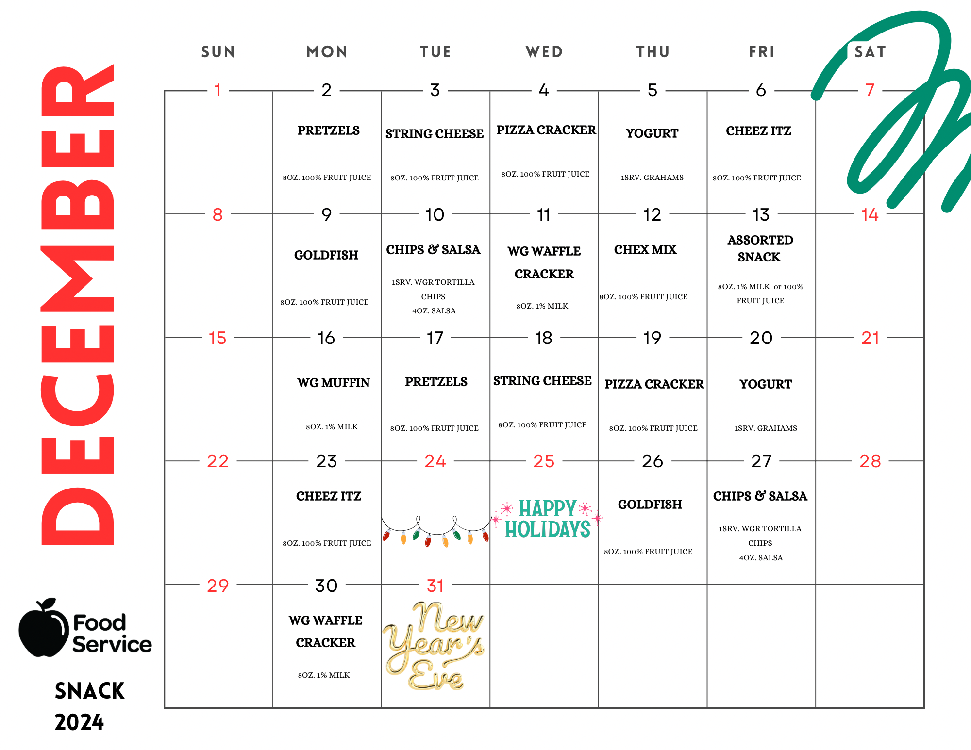 December Snack and Supper Calendar